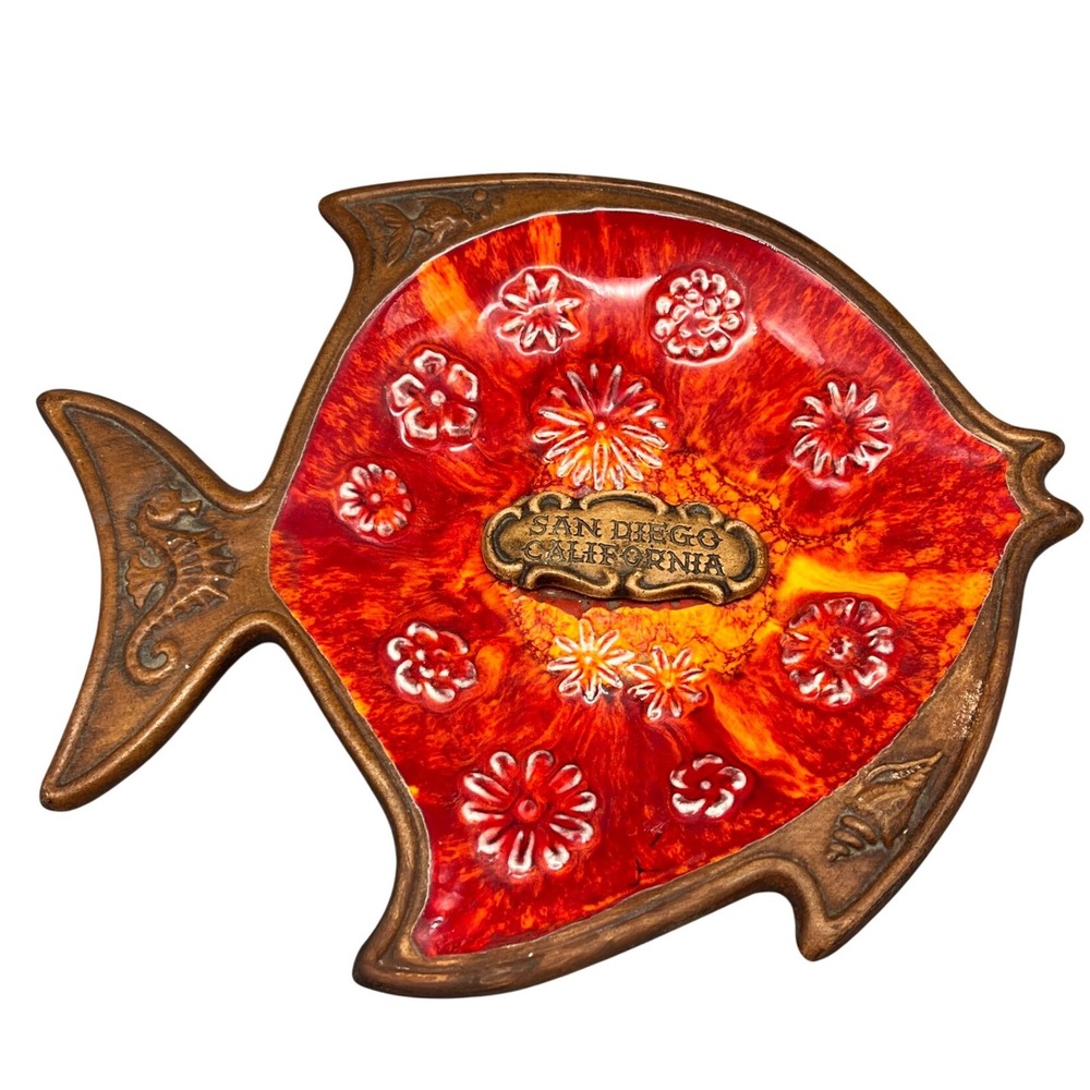 Vintage Treasure Craft USA San Diego Orange Red Fish Dish 70's Art Pottery